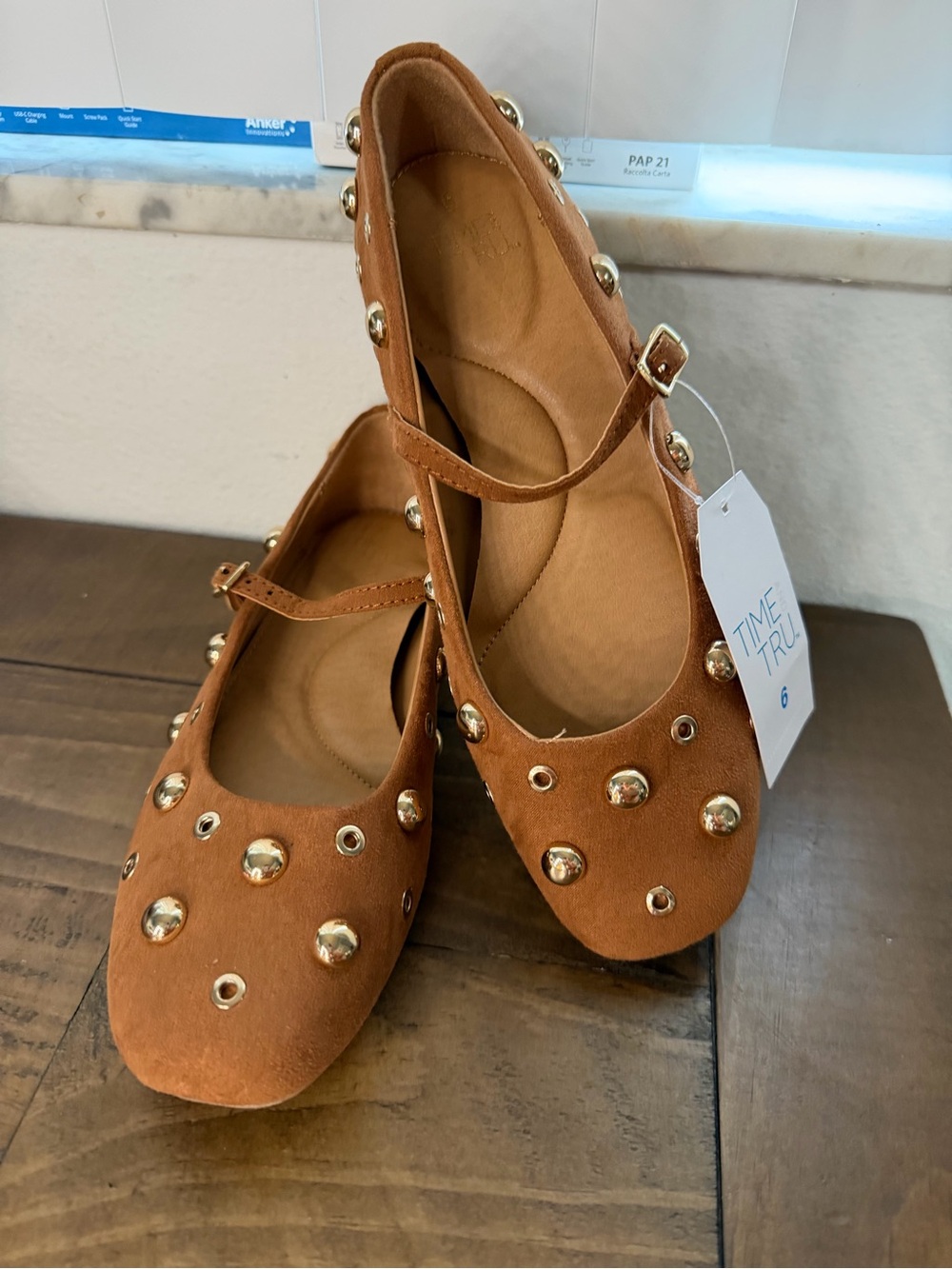 Time & tru brown Maryjane flats with gold studs new women’s flat shoes 6